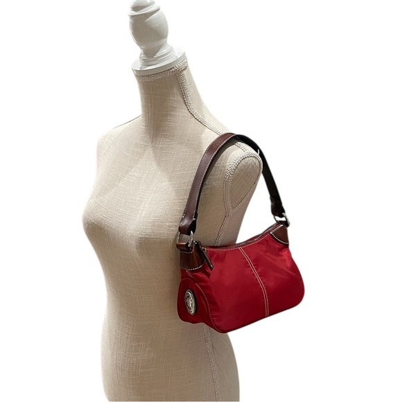 Dooney & Bourke Wayfarer Red Nylon Brown Leather Trim Small Y2K Shoulder Bag - Picture 1 of 16